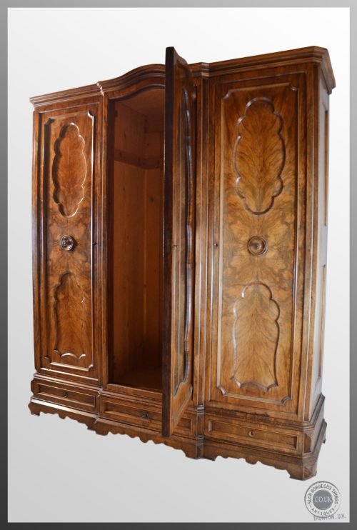 fig 3. Antique Burr Walnut Large Triple Wardrobe Armoire Victorian Mirrored c1870