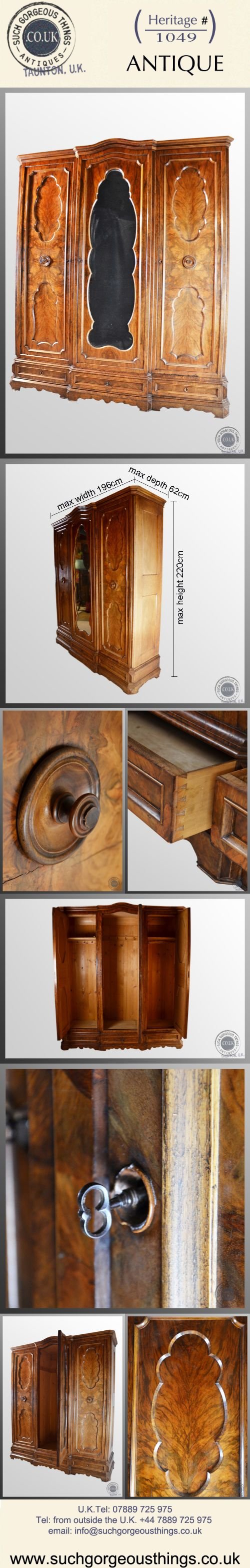 fig 4. Antique Burr Walnut Large Triple Wardrobe Armoire Victorian Mirrored c1870