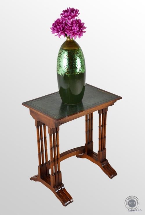 Trio Nest Set of Three Leather Top Mahogany Stacking Side Tables Antique C1900