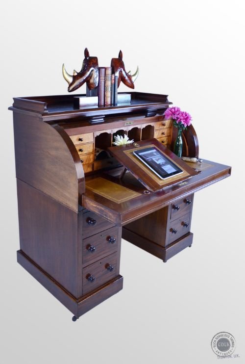 Antique Victorian Roll Top Twin Pedestal Writing Table Desk Bureau C1880