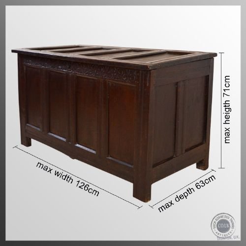 fig 1. Antique Oak Coffer 4 Panel Chest Trunk Box with Carving c1700