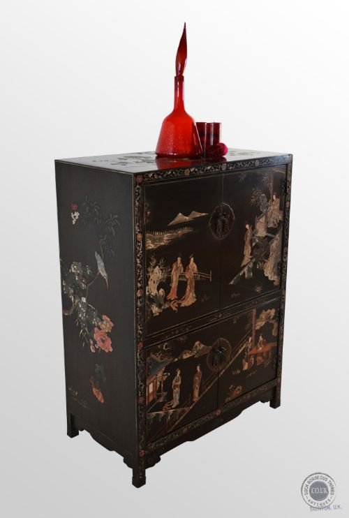 Antique Chinoiserie Ebonised Oriental Cabinet C1920