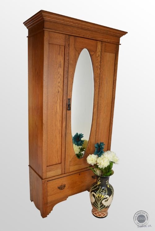 Antique Oak Wardrobe Art Deco Period Mirrored with Drawer C1920