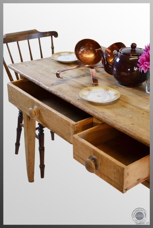 fig 2. Antique Victorian Pine Kitchen Dining Table With Drawers 4 - 6 seater c1850
