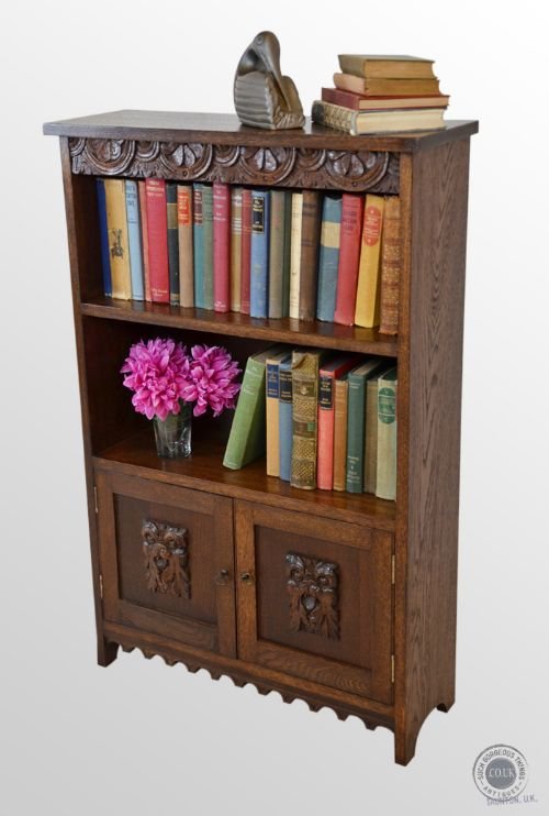 Antique Oak Edwardian Open Bookcase with Lower Cabinet C1910