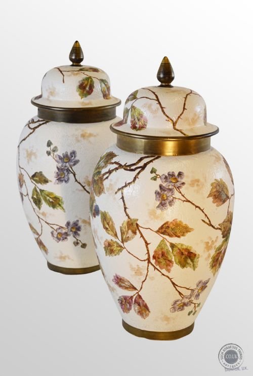 Antique Pair of Victorian China Porcelain Vases Floral Design Urn with Lid C1900