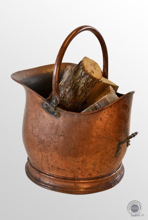 Antique Log Bucket Coal Helmet Fireside Scuttle Copper Bin C1900
