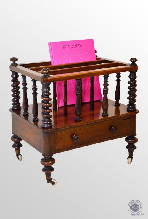 Antique Victorian Walnut Canterbury Magazine Storage Rack with Drawer C1870