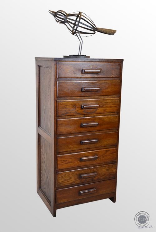 Antique Oak Tall Chest Set of Specimen Drawers Filing Cabinet C1910