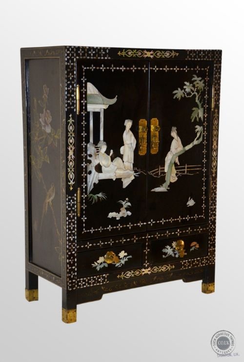 Antique Small Cabinet Victorian Chinoiserie Ebonised Japanned Oriental C1890