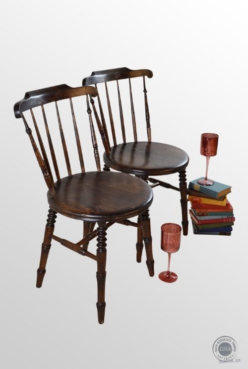 Antique Pair of Windsor Country Stick Kitchen Dining Chairs C1900