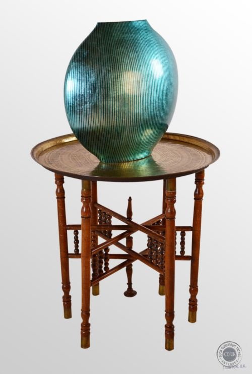 Antique Berber Benares Brass Tray Serving Lamp Table on Folding Stand C1880