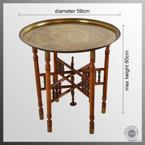 fig 1. Antique Berber Benares Brass Tray Serving Lamp Table On Folding Stand c1880