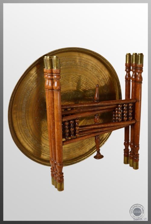 fig 2. Antique Berber Benares Brass Tray Serving Lamp Table On Folding Stand c1880