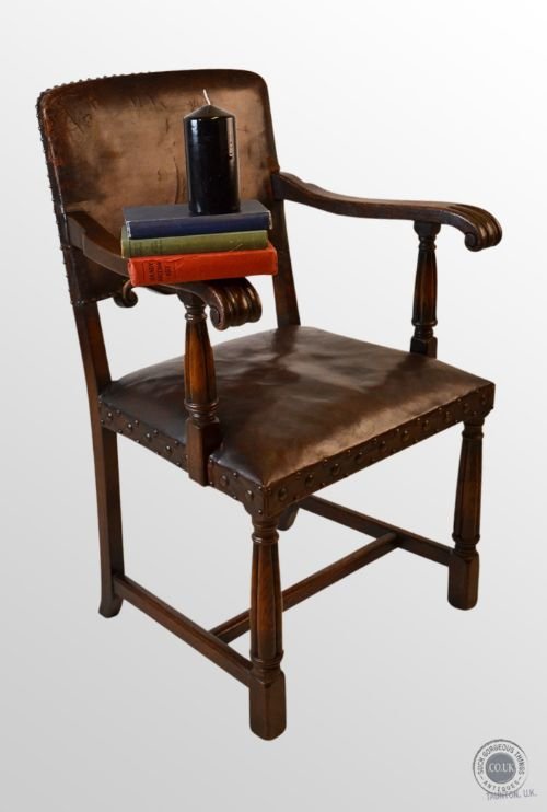 Edwardian Antique Leather Armchair Library Study Chair Carved Frame C1910