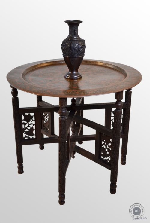 Antique Berber Benares Brass Tray Serving Lamp Table on Folding Stand C1890