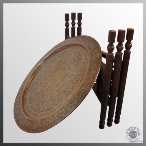 fig 3. Antique Berber Benares Brass Tray Serving Lamp Table On Folding Stand c1890