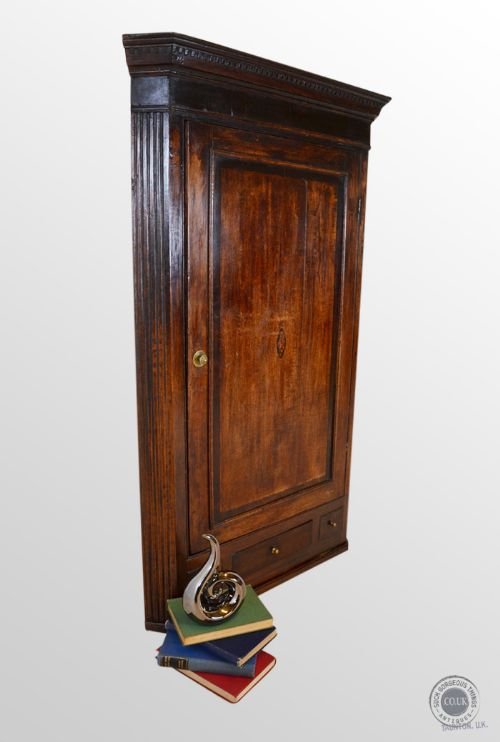 Antique Oak Corner Cupboard Georgian Inlaid Wall Cabinet C1780