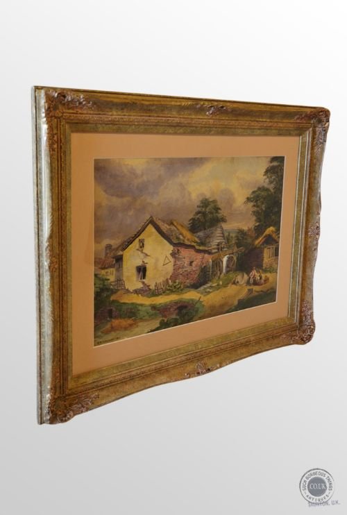 Antique Painting Original Framed Watercolour Artwork Rural Cottage with Mill