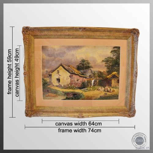 fig 1. Antique Painting Original Framed Watercolour Artwork Rural Cottage with Mill