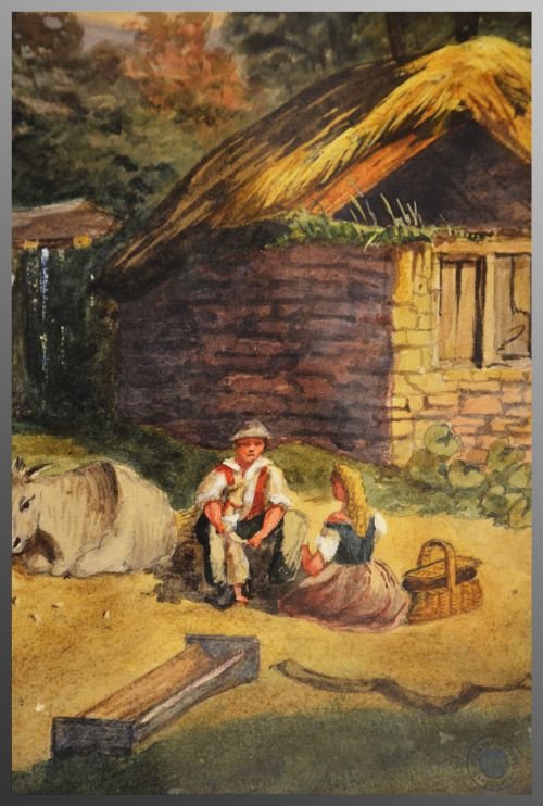 fig 3. Antique Painting Original Framed Watercolour Artwork Rural Cottage with Mill
