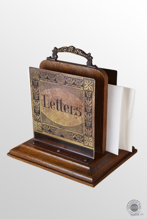 Antique Art Nouveau Desk Letter Rack Organiser Oak & Brass C1900