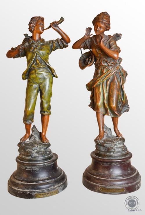 Antique Pair Sculptures by Ernest Rancoulet Bronze Spelter Statue Figurine C1900