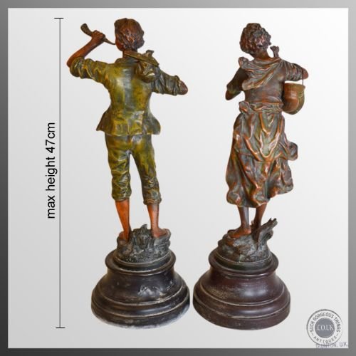 fig 1. Antique Pair Sculptures by Ernest Rancoulet Bronze Spelter Statue Figurine c1900