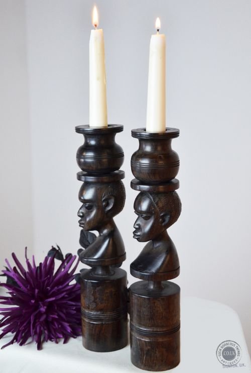 Antique Pair of African Ebony Tribal Ritual Candle Sticks Holders C1850