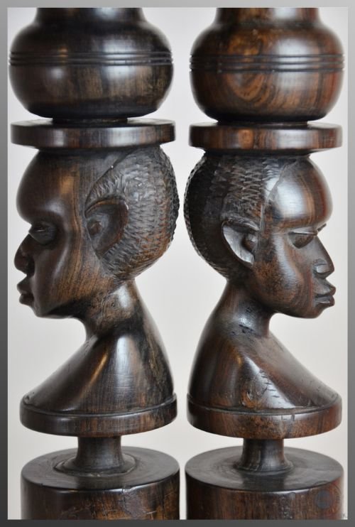 fig 2. Antique Pair of African Ebony Tribal Ritual Candle Sticks Holders c1850