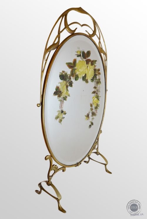 Antique Fire Screen Guard Mirrored Victorian Hand Painted Solid Brass C1900
