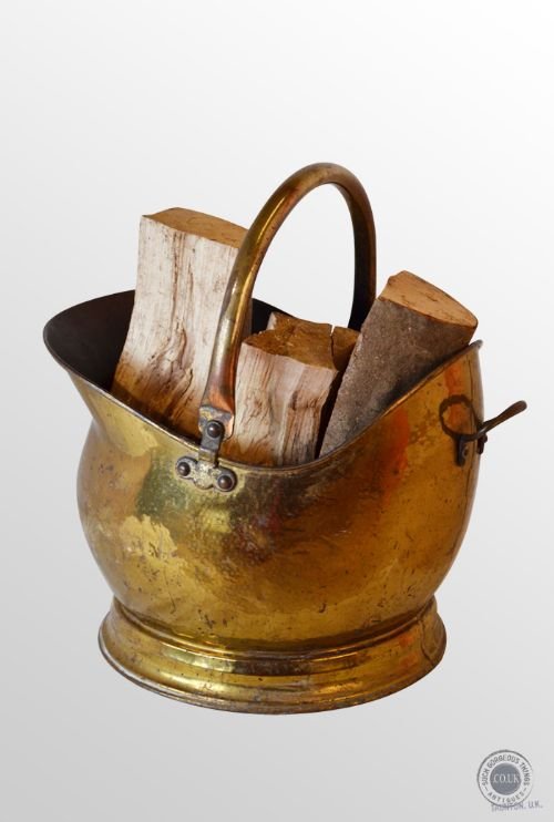 Antique Log Bucket Coal Helmet Fire Scuttle Brass Bin C1900