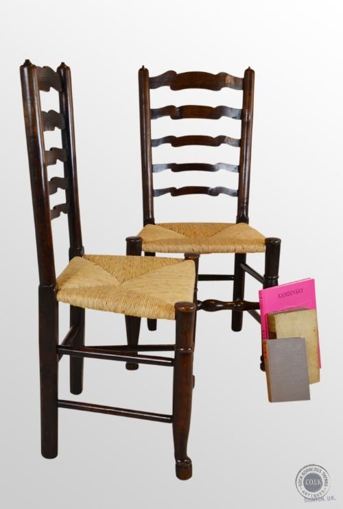 Antique Pair Yorkshire Wavy Line Ladderback Rush Seat Oak Country Chairs C1790