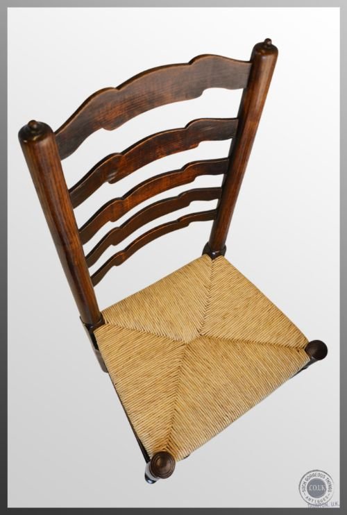 fig 2. Antique Pair Yorkshire Wavy Line Ladderback Rush Seat Oak Country Chairs c1790