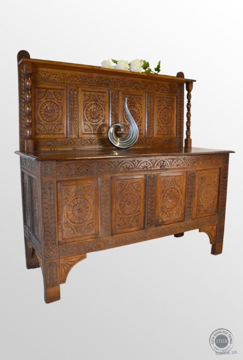 Antique Coffer English Oak Sideboard Chest Trunk Box with Carving C1700