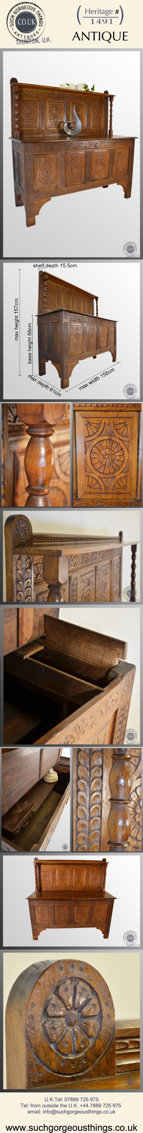 fig 4. Antique Coffer English Oak Sideboard Chest Trunk Box with Carving c1700