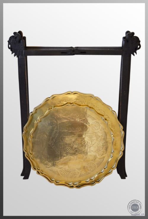 fig 2. Antique Art Deco Brass Tray Serving Lamp Oriental Table On Folding Stand c1930