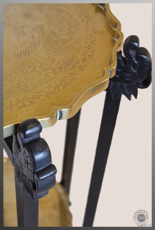 fig 3. Antique Art Deco Brass Tray Serving Lamp Oriental Table On Folding Stand c1930