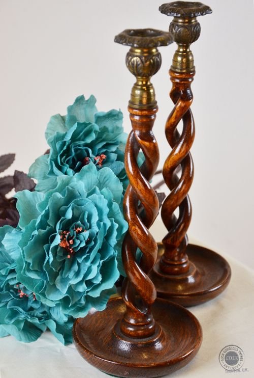 Antique Pair of Oak Candle Sticks Holders Spiral Open Twisted Stem C1880