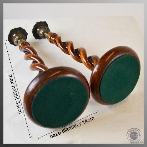 fig 1. Antique Pair of Oak Candle Sticks Holders Spiral Open Twisted Stem c1880