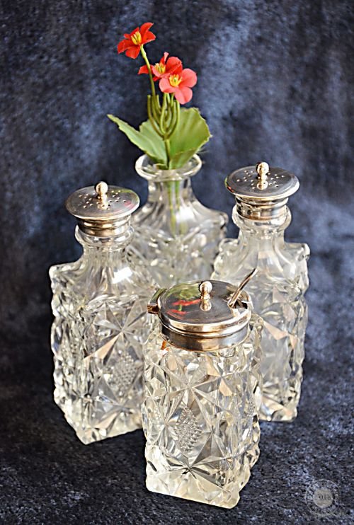 Antique Silver and Cut Glass Victorian English Condiment & Tea Set C1900