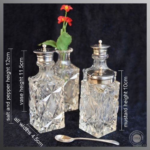 fig 1. Antique Silver and Cut Glass Victorian English Condiment & Tea Set c1900