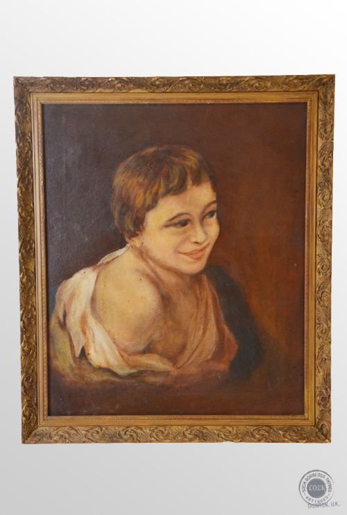 Large Antique Art Oil Portrait Painting of a Child on Canvas C1900