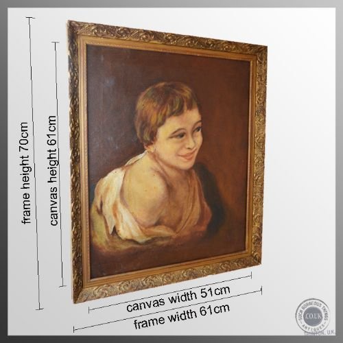 fig 1. Large Antique Art Oil Portrait Painting of a Child on Canvas c1900