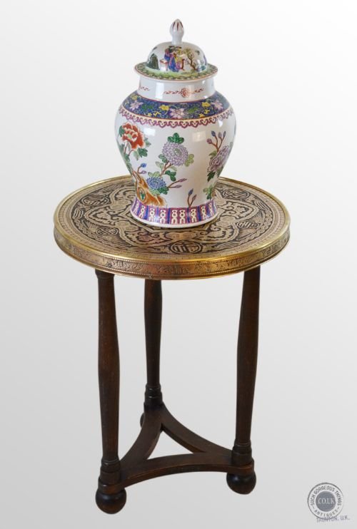 Antique Berber Benares Brass Lamp Wine Occasional Side Table Oak Base C1900
