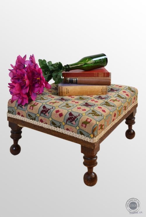 Antique Foot Stool Upholstered Needlepoint Tapestry Footstool Foot Rest C1830