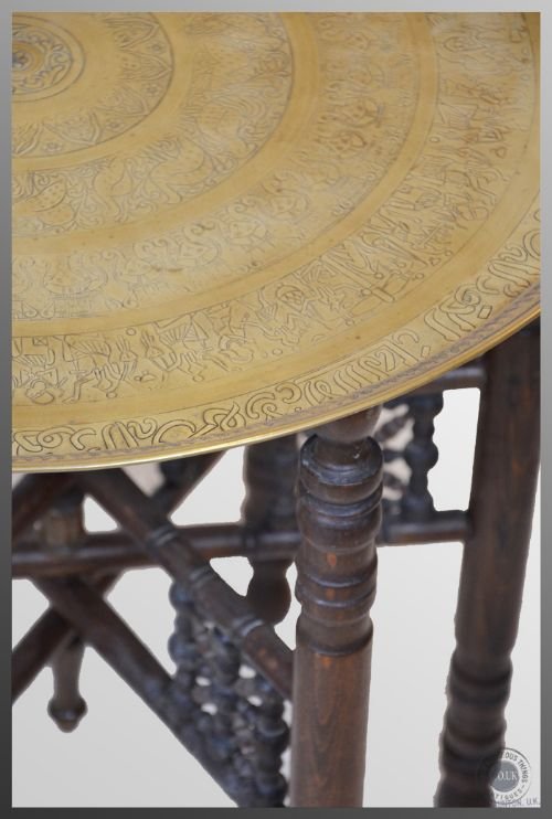 fig 2. Antique Berber Benares Brass Tray Serving Lamp Table On Folding Stand c1900