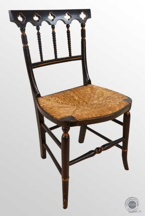 Antique Desk Side Chair Ebonised Aesthetic Period Rush Seated C1890