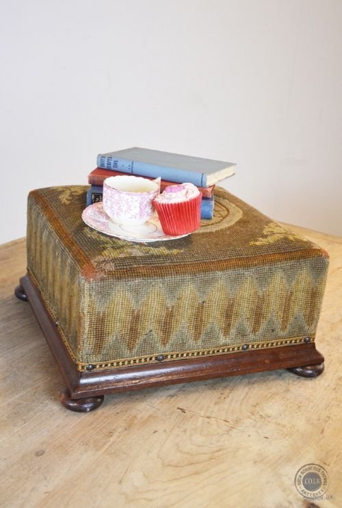 Antique Gout Stool Tapestry Needlepoint Upholstered Footstool Foot Rest C1830