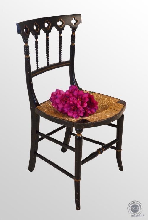 Antique Desk Side Chair Ebonised Aesthetic Period Rush Seated C1890